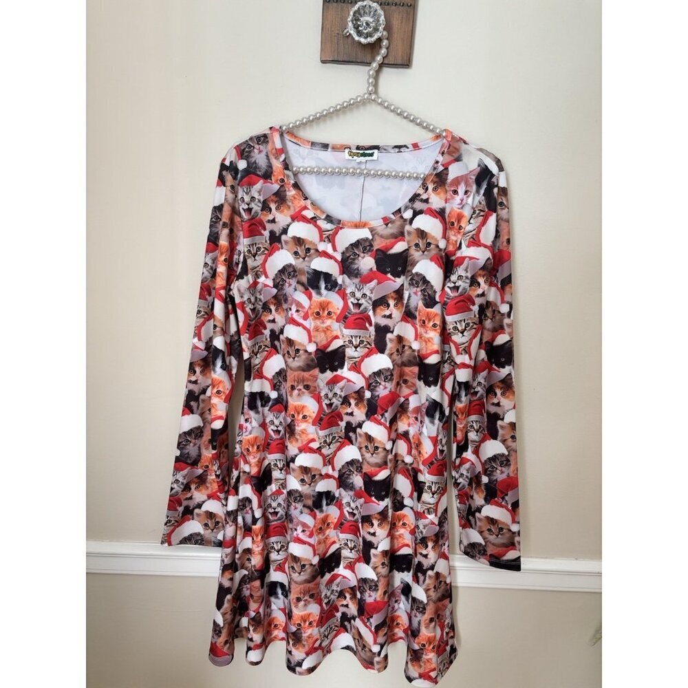 Tipsy Elves Womens Size L Meowy Catmus Long Sleeve Fit Flare Christmas Dress - Picture 1 of 5